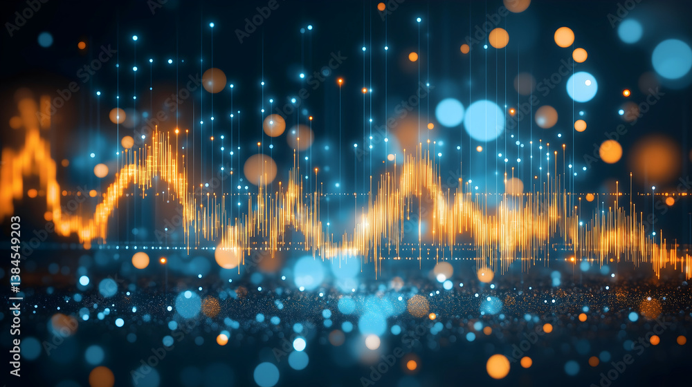 Poster abstract financial data visualization of a fluctuating financial graph with vibrant bokeh lights
