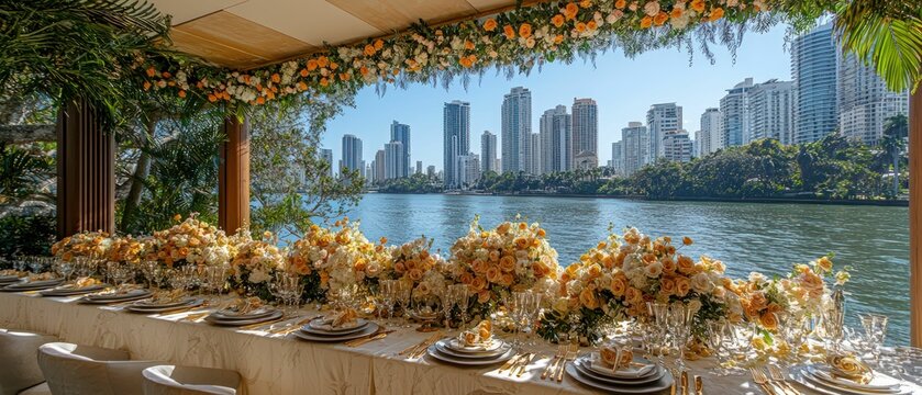 Elegant table setting overlooks water city skyline.