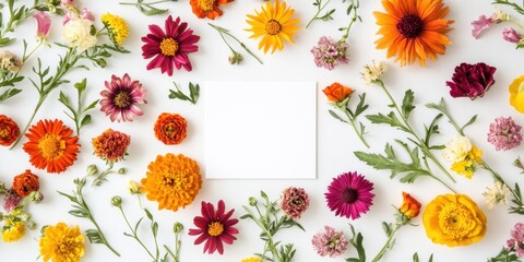 Assorted Colorful Flowers Arranged on a White Background with a Blank Card