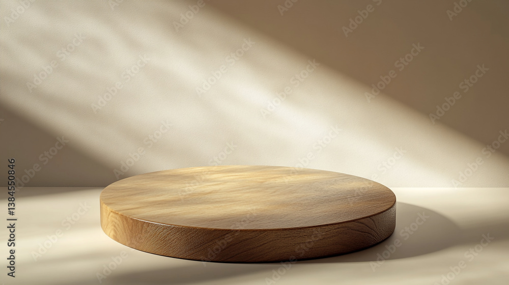 Poster a wooden circular platform on a plain surface with light and shadow casting from the upper right sid