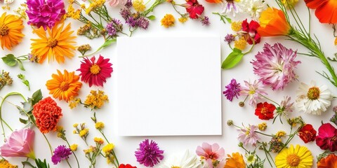 Obraz premium A colorful array of various flowers with blank white square