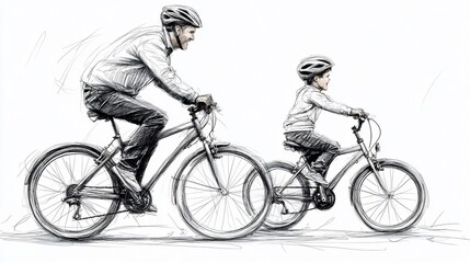 Fototapeta premium Sketch of a father and son enjoying a bicycle ride together outdoors