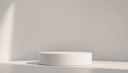 Fototapeta premium Minimalist white cylindrical platform in a sunlit room, ideal for product display or presentation. Premium photo mockup for product photography purposes.
