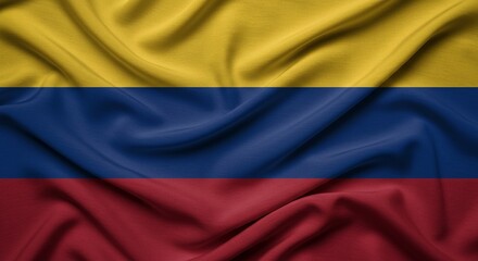 Fototapeta premium A vibrant horizontal tricolor of yellow (double width), blue, and red on a wavy fabric represents the national flag of Colombia