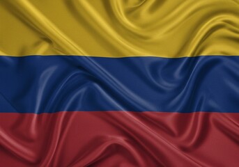 Fototapeta premium Featuring a vibrant horizontal tricolor of yellow (double width), blue, and red on a wavy fabric is the national flag of Colombia