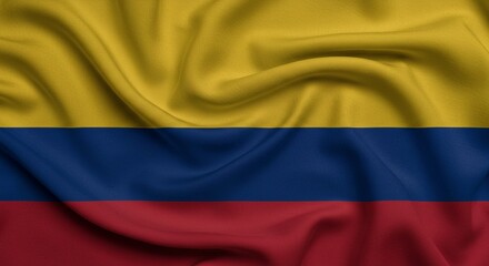 Obraz premium The image shows the national flag of Colombia featuring a vibrant horizontal tricolor of yellow (double width), blue, and red on a wavy fabric
