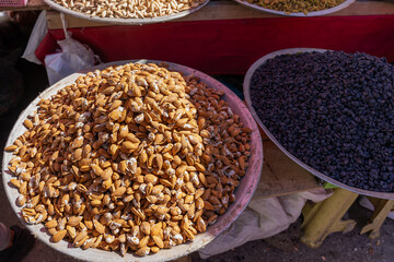Assortment of nuts: almonds, peanuts and pistachios at Mandavi Bazaar, Kabul
