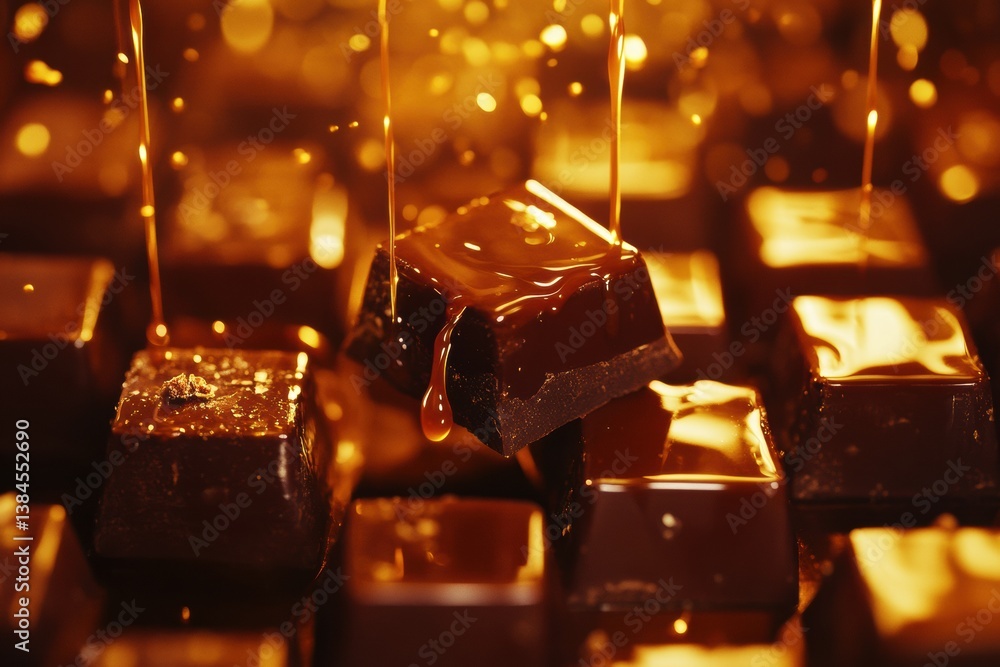Poster luxurious dark chocolate squares with flowing caramel create an indulgent dessert delight in soft go