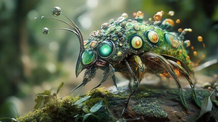 Futuristic Insect in Lush Forest: A Digital Art Masterpiece
