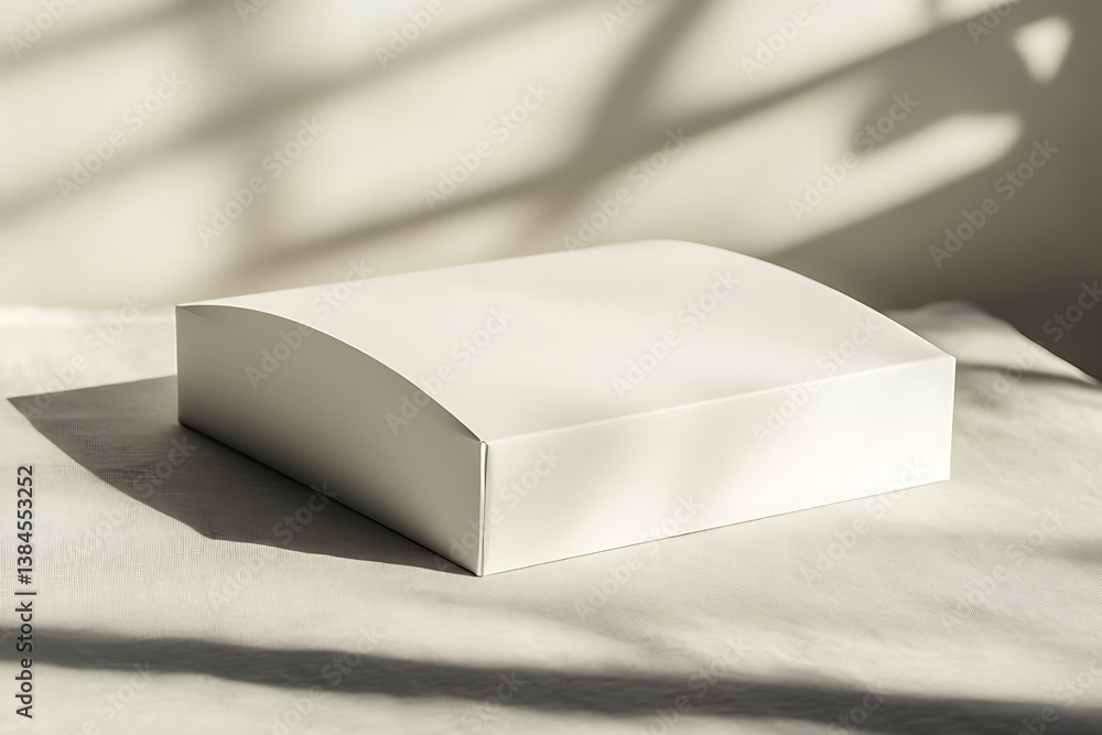 Poster white box mockup with rounded edge on textured surface in soft window light ambiance