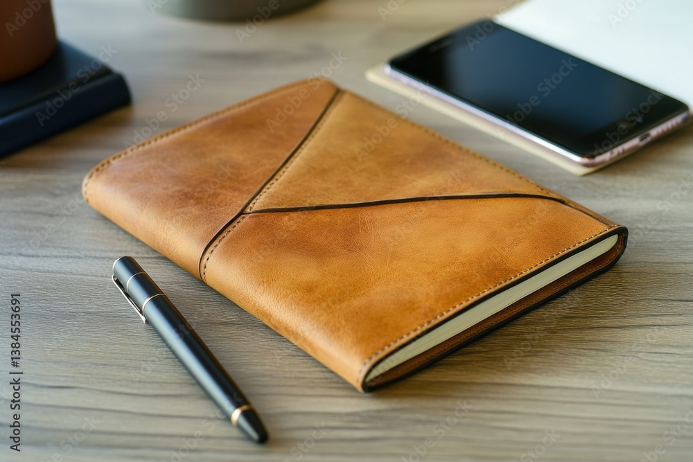 Poster minimalist desk setup with a stylish notebook, smartphone, and elegant pen illuminated by soft light