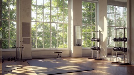 Bright home gym corner with mirror, mat, and dumbbell set