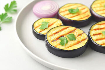 Grilled eggplant slices topped with fresh herbs create delicious plant based dish perfect for healthy recipes
