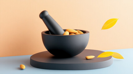 stylish mortar and pestle with almonds sits on round platform, perfect for plant based recipes and culinary creativity