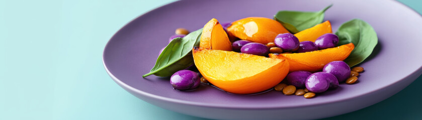 Fresh plant based recipes feature delicious fruits like peaches and grapes, creating delightful and healthy dish
