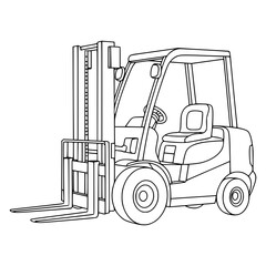 Specialized machines, emergency vehicles drawing for coloring book. Yellow forklift lifting cargo boxes in an industrial warehouse setting