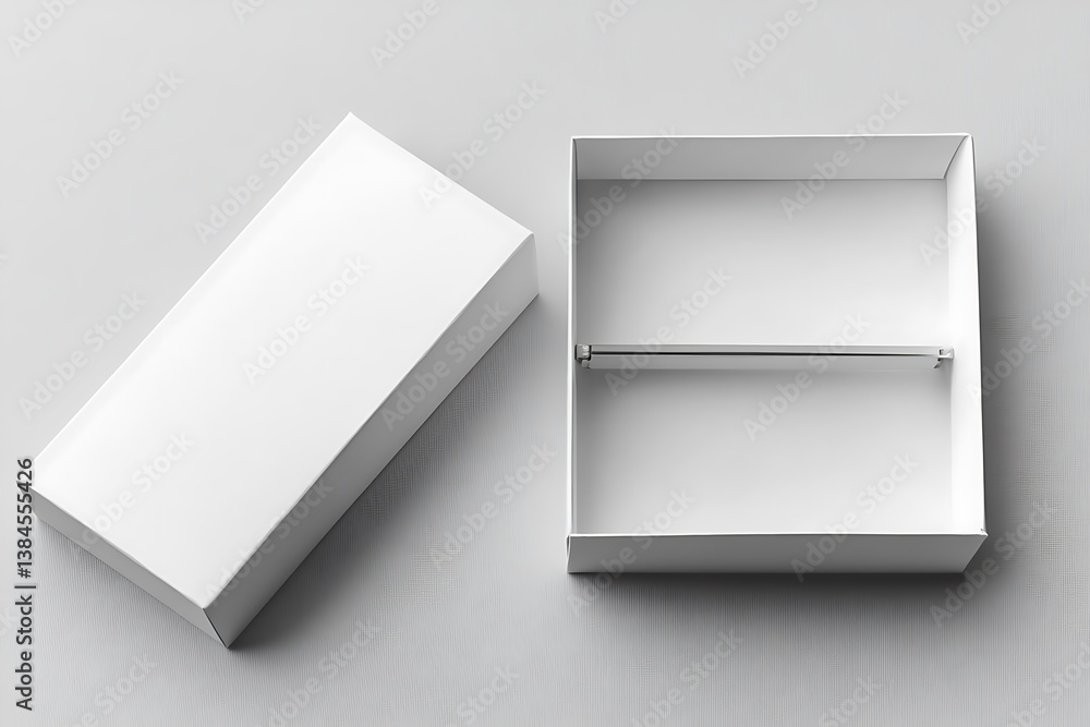 Poster white open cardboard box with lid and reflective accent on a textured surface