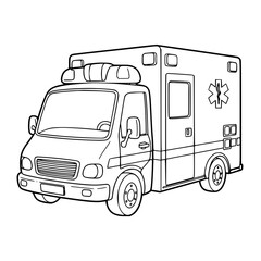 Specialized machines, emergency vehicles. Ambulance truck drawing for coloring book © irawan