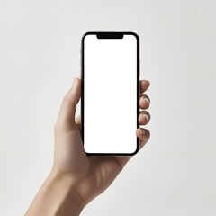 Front view of Hand holding smartphone mockup, blank white screen, modern device, minimalist, isolated on white background