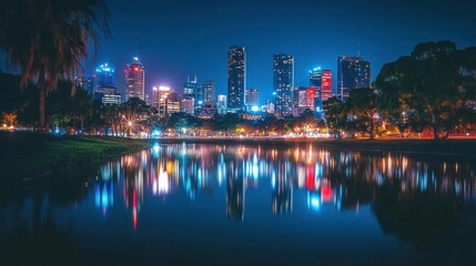 Fototapeta premium Night cityscape reflected in calm water, city skyline, vibrant lights, modern architecture, trees, park.