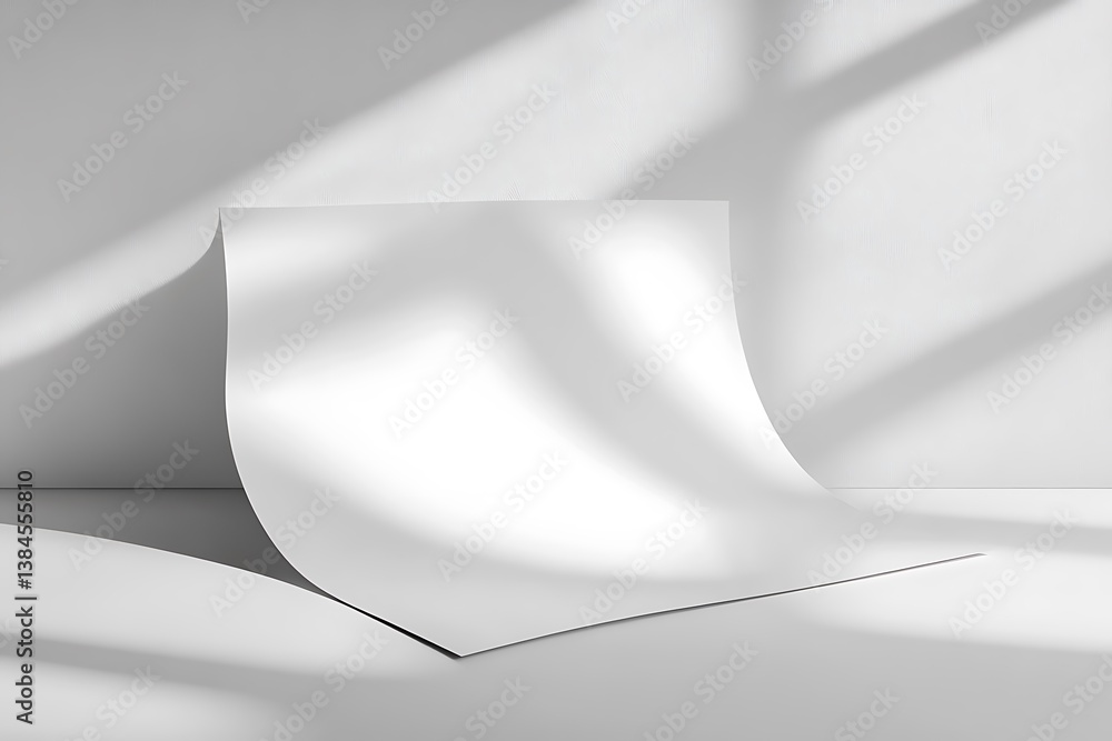 Poster white paper sheet with curved edge and soft shadows on white background texture