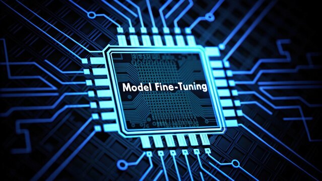 Microchip with circuitry design, labeled "Model Fine-Tuning.