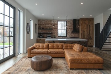 Modern living space with tan leather sofa.