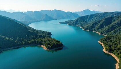 Obraz premium Aerial view, shoreline curves create unique lake shape, graphic, drone