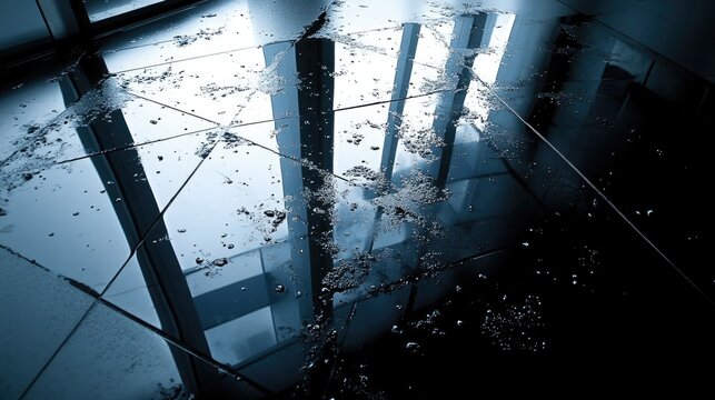 Mercury spill on lab tile reflecting overhead lights