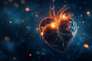 Obraz premium Abstract Heart With Veins Glowing In Dark Blue Space Background With Bokeh Effect