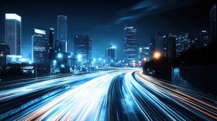 Obraz premium Night cityscape with light trails on highway.