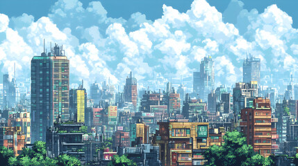 Obraz premium Detailed Pixel Art Cityscape with Skyscrapers and Lush Greenery Under a Cloudy Sky a Vintage Style Digital Artwork