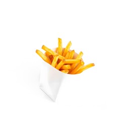 french fries in white paper container isolated on white background. Generative ai