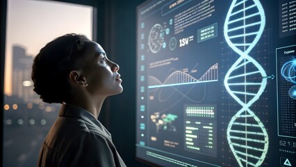 Futuristic healthcare interface with a digital overlay showing DNA analysis and biometric data. Emphasizes personal health tracking and advanced diagnostics.