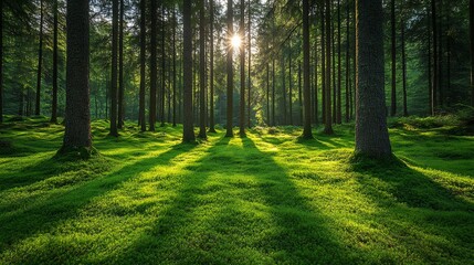 Sunrise Forest Floor Moss Sunlight Rays.
