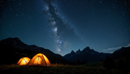 Nighttime camping under the starry sky in the mountains  