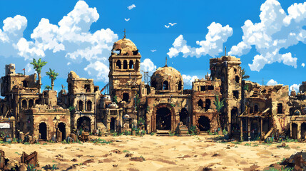 Fototapeta premium Detailed Pixel Art of Ancient Stone Ruins Under a Blue Sky with Puffy White Clouds in a Sandy Desert Landscape