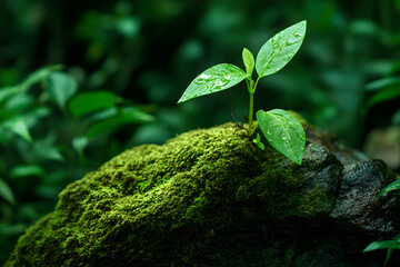 Young Plant Emerging from Moss on a Forest Rock