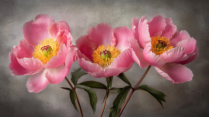 A trio of pink peonies with yellow centers against a soft gray and white blurred background art piece