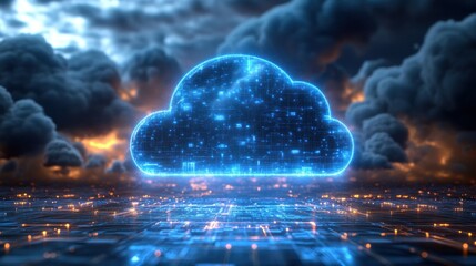 Futuristic cloud computing concept.  A glowing, digital cloud graphic sits amidst a stormy, digital landscape, suggesting the power and vastness of cloud technology