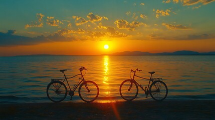 Sunset Beach Bikes Silhouette Romantic.