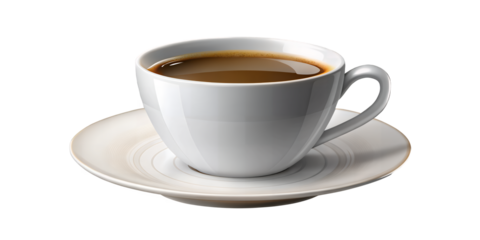 Aromatic Brew in a White Cup: A steaming cup of rich coffee sits gracefully on a matching saucer, a perfect moment of refreshment.