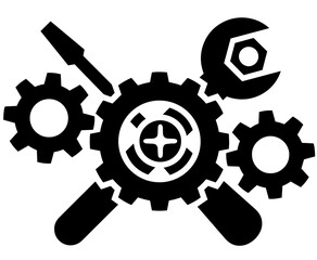 crossed screwdriver and wrench with surrounding gears and central screw icon , technical support, mechanical engineering, system maintenance, industrial repair, and technological tools