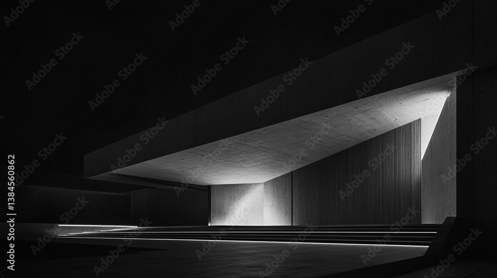 Poster monochrome architectural structure with dramatic lighting and minimalist design elements in black an