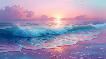 Obraz premium Calm ocean wave gently rolling towards the shore at sunset 