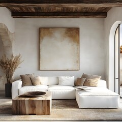  Minimalist interior design of modern bright and airy living room with a white sofa and wooden accents. Large abstract art and natural light bring warmth and elegance to the minimal decor. 