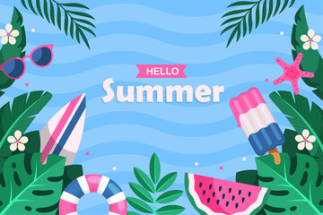 Colorful summer background featuring tropical plants, beach objects, and the text "Hello Summer" in a vibrant design.