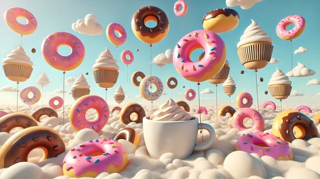 Coffee, Donut, Fair, Dessert, Donuts, Cupcakes, Whimsical, Clouds, Icecream, Food, Fantasy, Sweet, Dreamy, Colorful, Treats, Fun, Party, Indulgence, Bakery, Cheerful, Delicious, Sky, Playful, Confecti