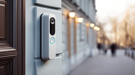 Smart doorbell camera with facial recognition on house wall