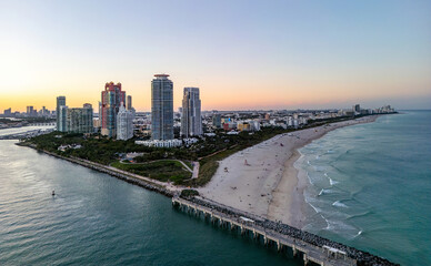 Miami Beach aerial drone view with skyline. Miami from above. Miamis famous landmarks. South Pointe...